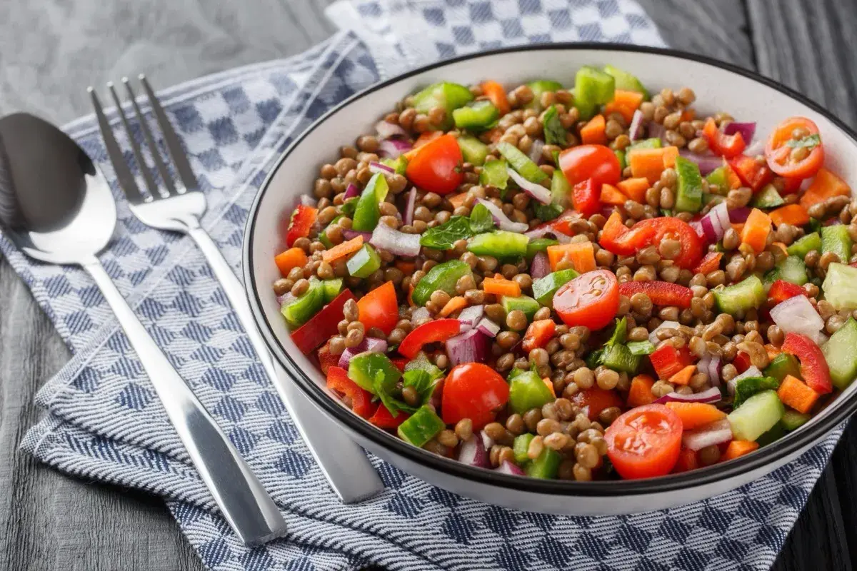 Un'insalata di lenticchie colorata e fresca, con pomodorini, peperoni, cipolla rossa e carote. Servita in una ciotola con posate su un tovagliolo a quadri.