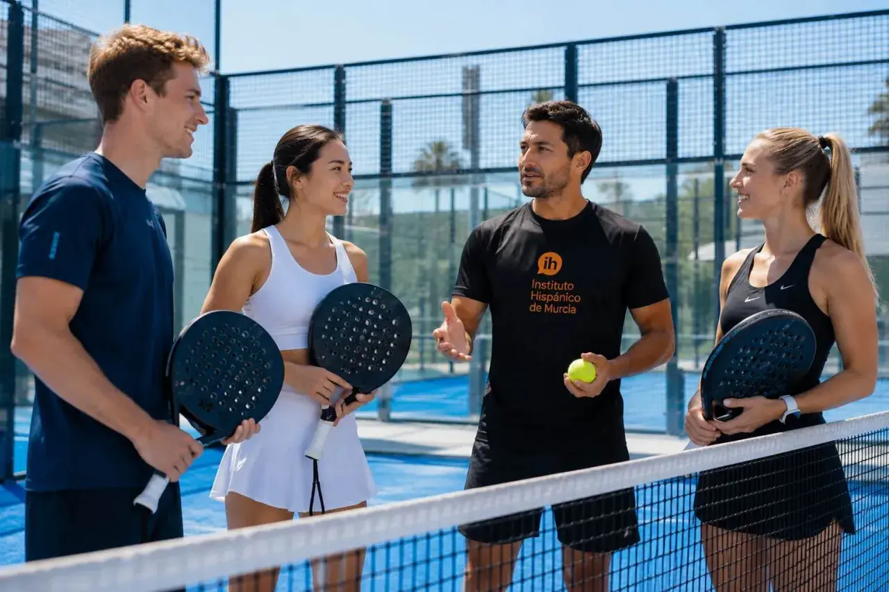 Un istruttore di padel spagnolo con una palla e una racchetta spiega il gioco a tre studenti su un campo da padel.