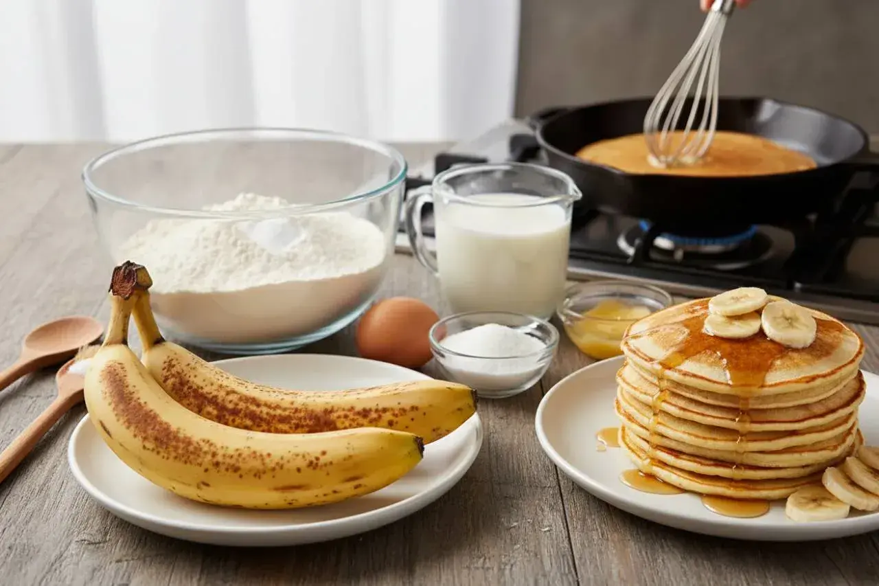 Ingredienti per pancake alla banana: banane mature, farina, uova, latte, zucchero e miele. Una pila di pancake dorati guarniti con banane e sciroppo.