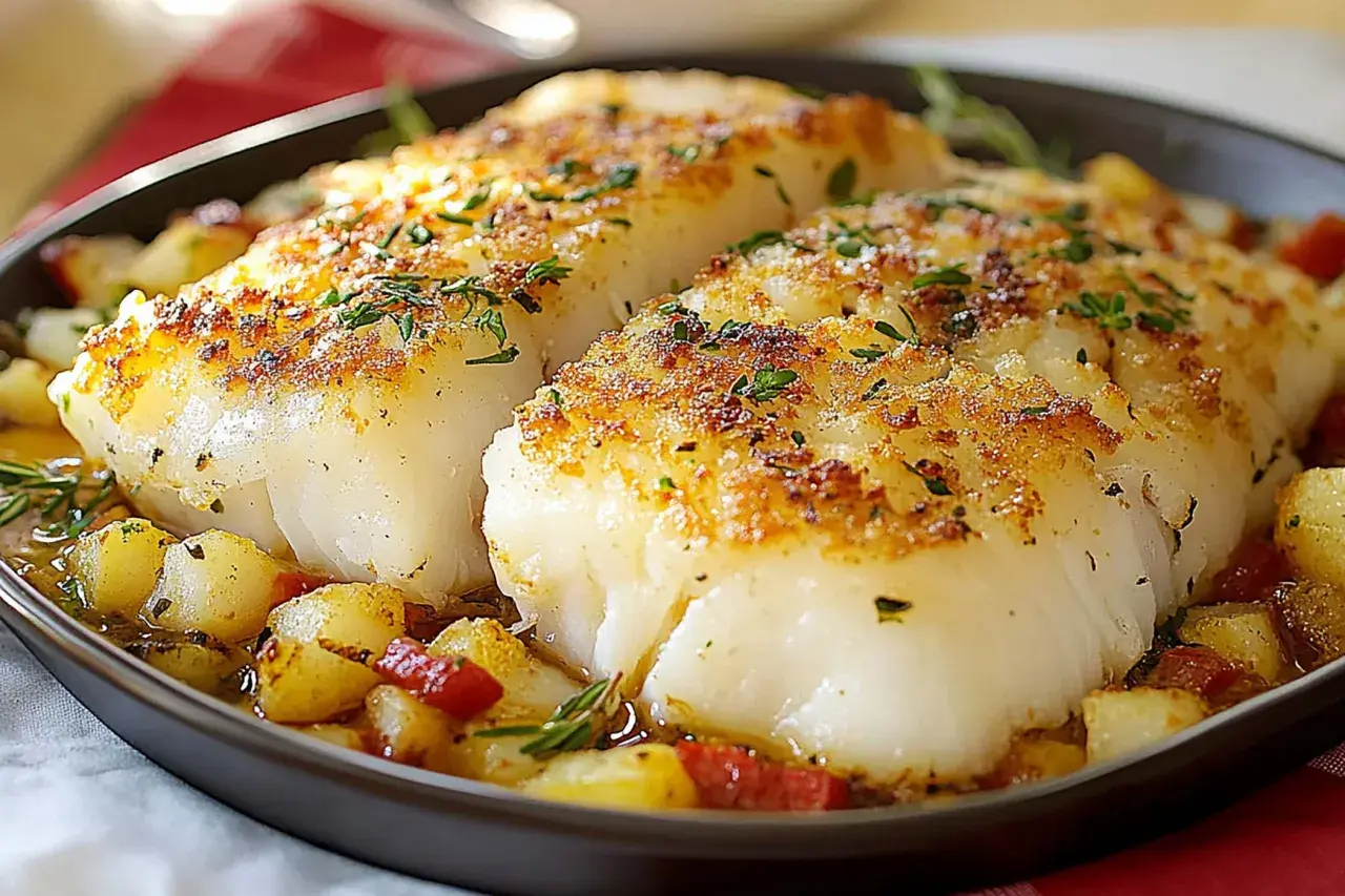 Filetti di merluzzo surgelati, cotti al forno con patate e rosmarino. Un'idea per ricette semplici e gustose.