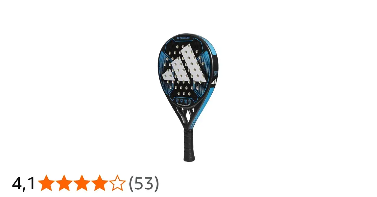 Racchetta da padel Adidas RX 2000 LIGHT, nera e blu, con logo Adidas bianco. Valutazione 4,1 stelle.