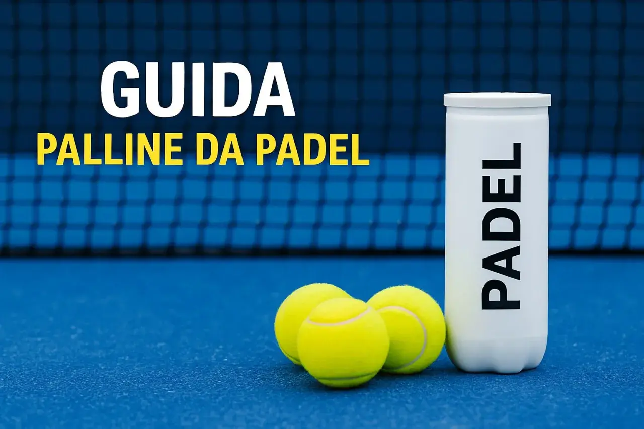 Guida alle palline da padel: tre palline gialle e un tubetto con la scritta "PADEL" su un campo blu.
