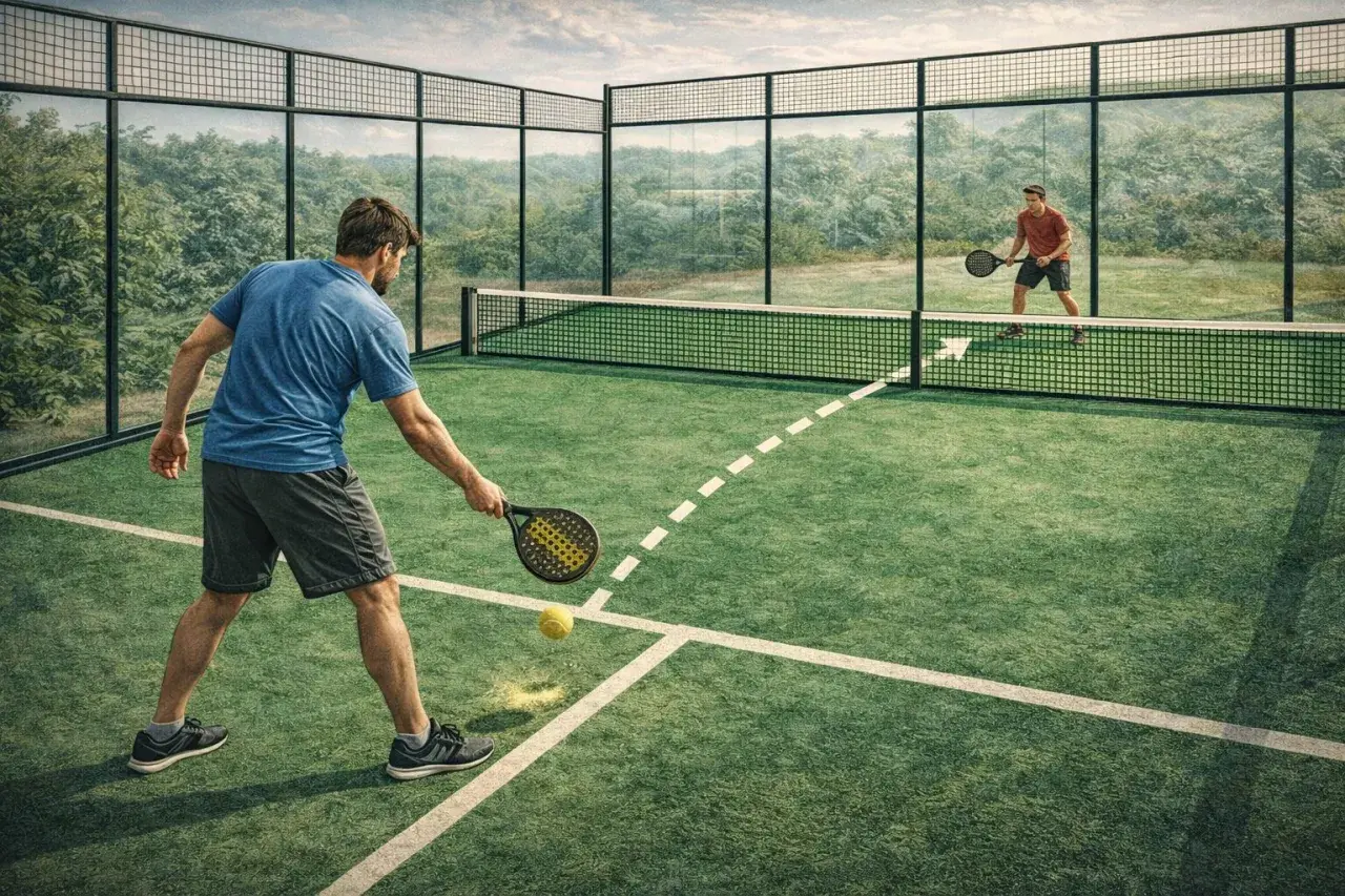 Due uomini giocano a padel su un campo verde. Uno serve la palla, l'altro attende.
