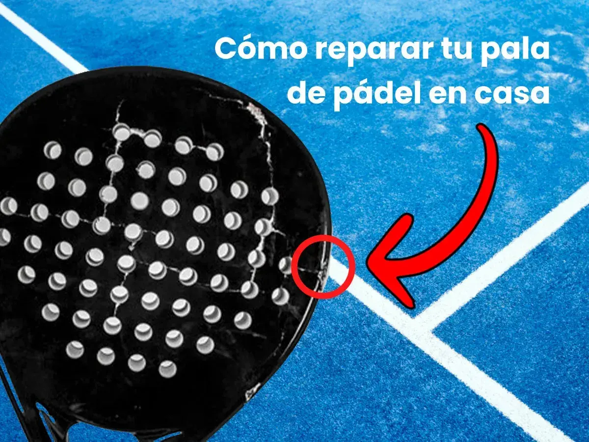 Guida per riparare racchetta padel danneggiata. La racchetta nera mostra crepe, con una freccia rossa che indica un punto specifico.