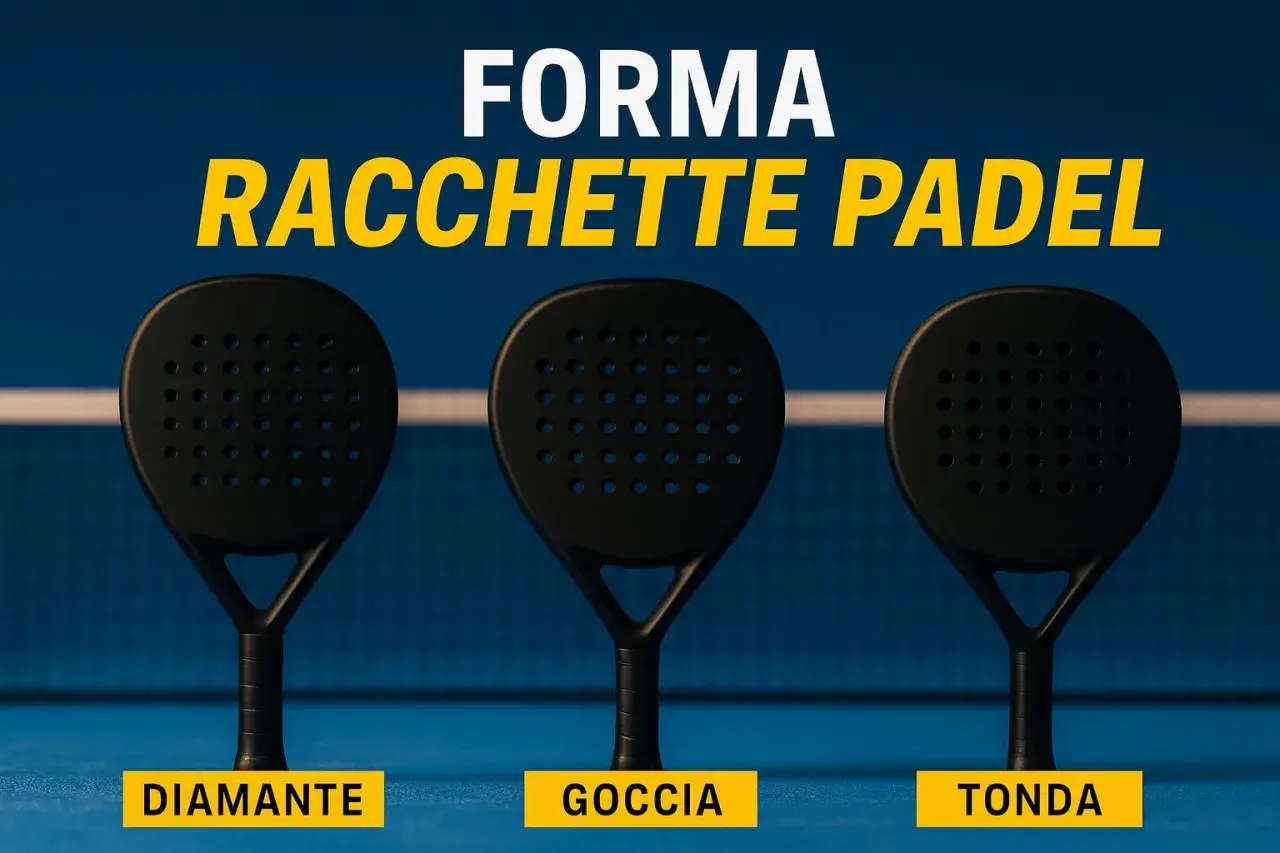 Tre racchette da padel nere: una a forma di diamante, una a goccia e una tonda, su campo blu.