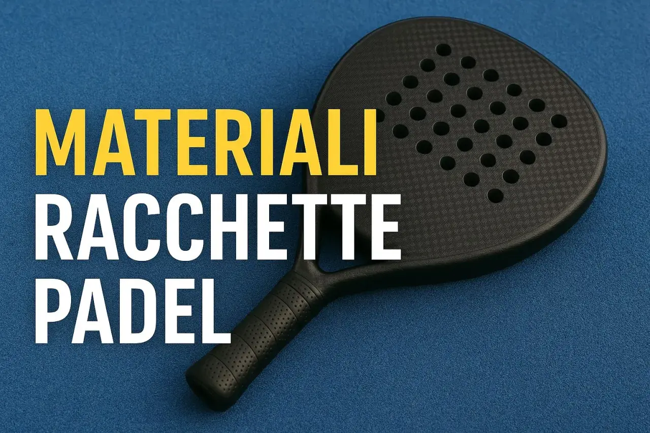 Racchetta da padel nera con testo "MATERIALI RACCHETTE PADEL". Scopri i materiali che rendono unica la tua attrezzatura.