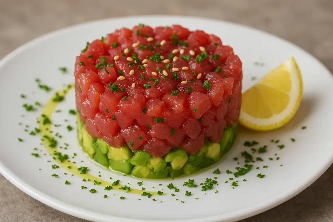 Deliziosa tartare di tonno a cubetti, stratificata su avocado cremoso, guarnita con semi di sesamo e prezzemolo, servita con una fetta di limone.