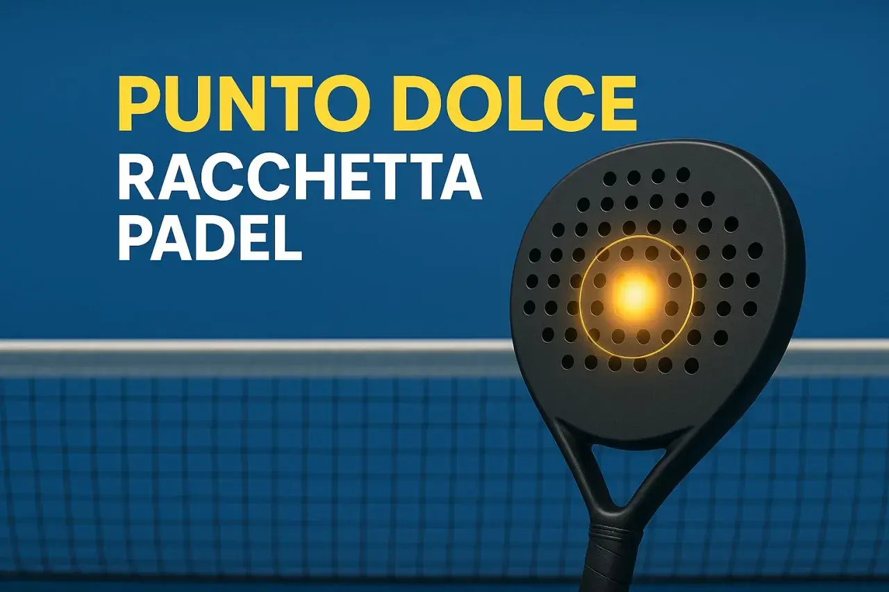 Il punto dolce della racchetta padel, un bagliore dorato al centro, su sfondo blu con rete da padel.