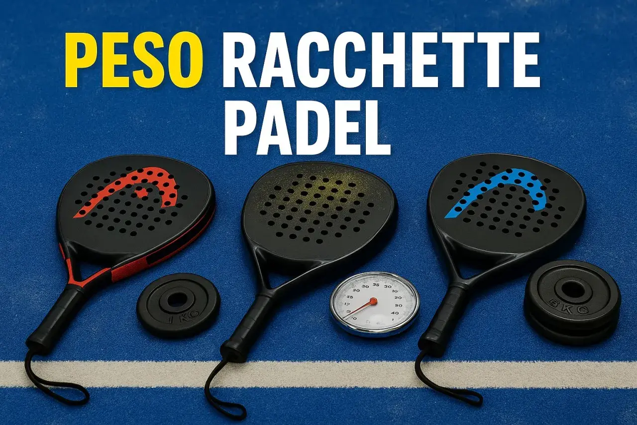 Tre racchette da padel, pesi e un bilancino per misurare il peso racchetta padel.