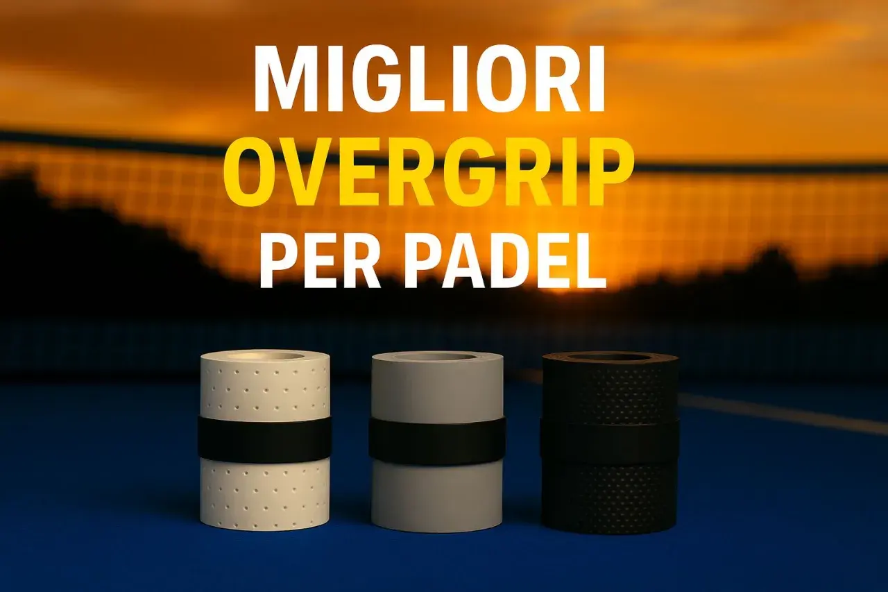 Tre overgrip per padel di diversi colori e texture, con la scritta "MIGLIORI OVERGRIP PER PADEL".