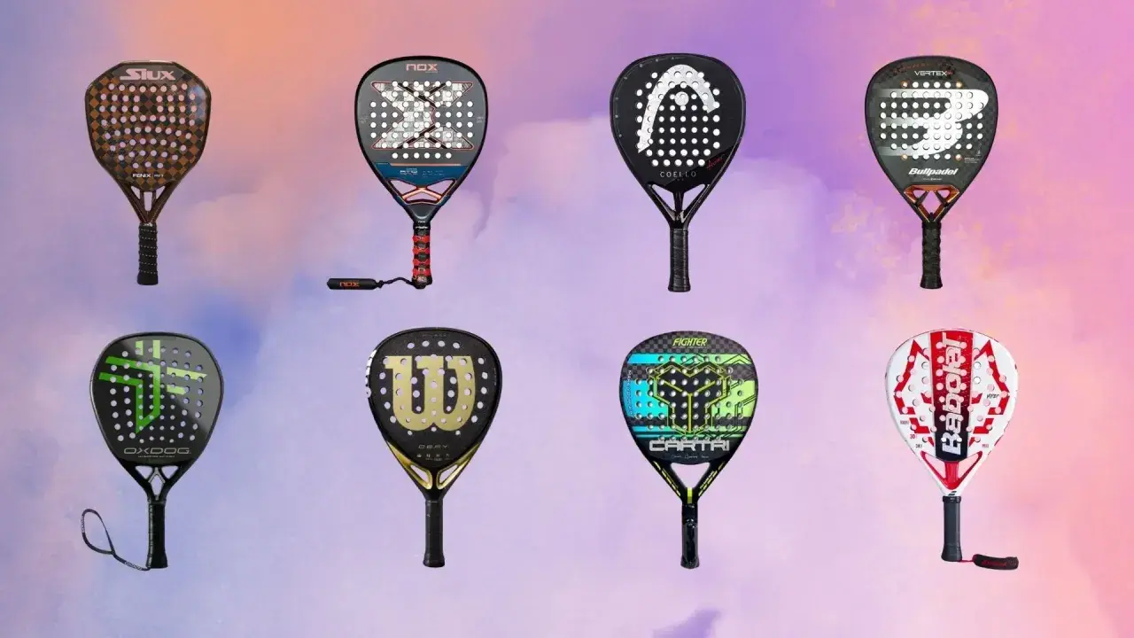 Otto racchette da padel di diverse marche e modelli, con nomi squadre padel visibili su alcune.