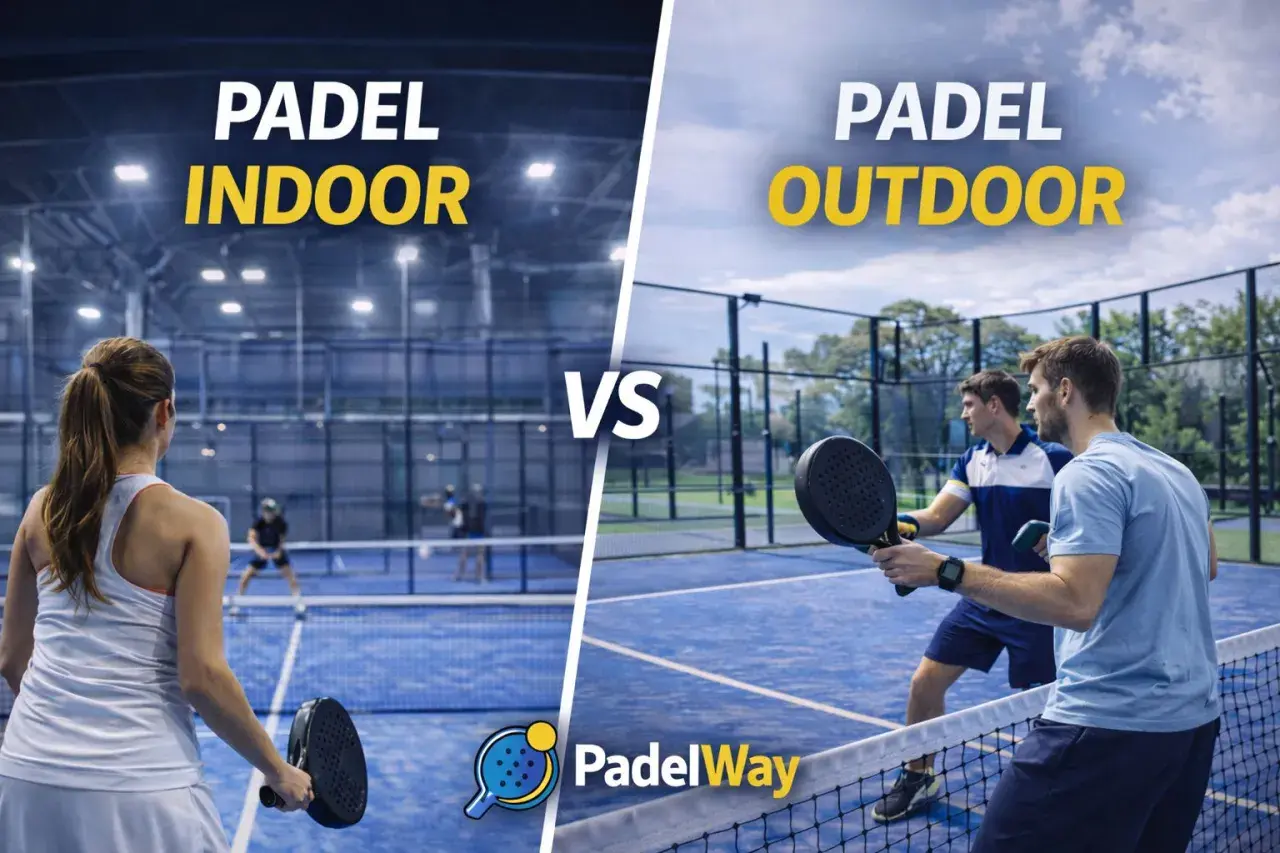 Padel indoor vs outdoor: due campi da padel, uno al chiuso con luci brillanti e uno all'aperto sotto il cielo azzurro. La scelta è tua per il tuo prossimo MVP Padel!