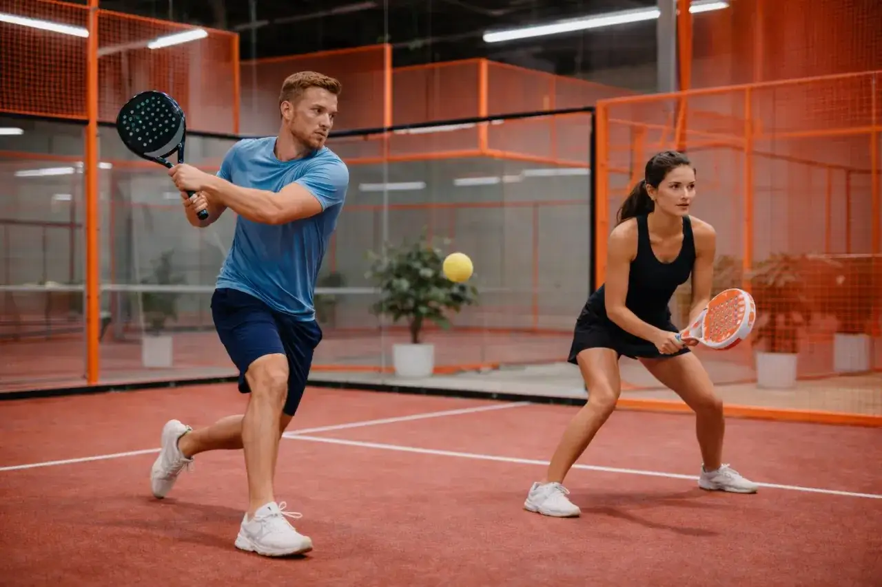 Coppia in allenamento intensivo durante una padel clinic. Lui colpisce la palla, lei in posizione di attesa.