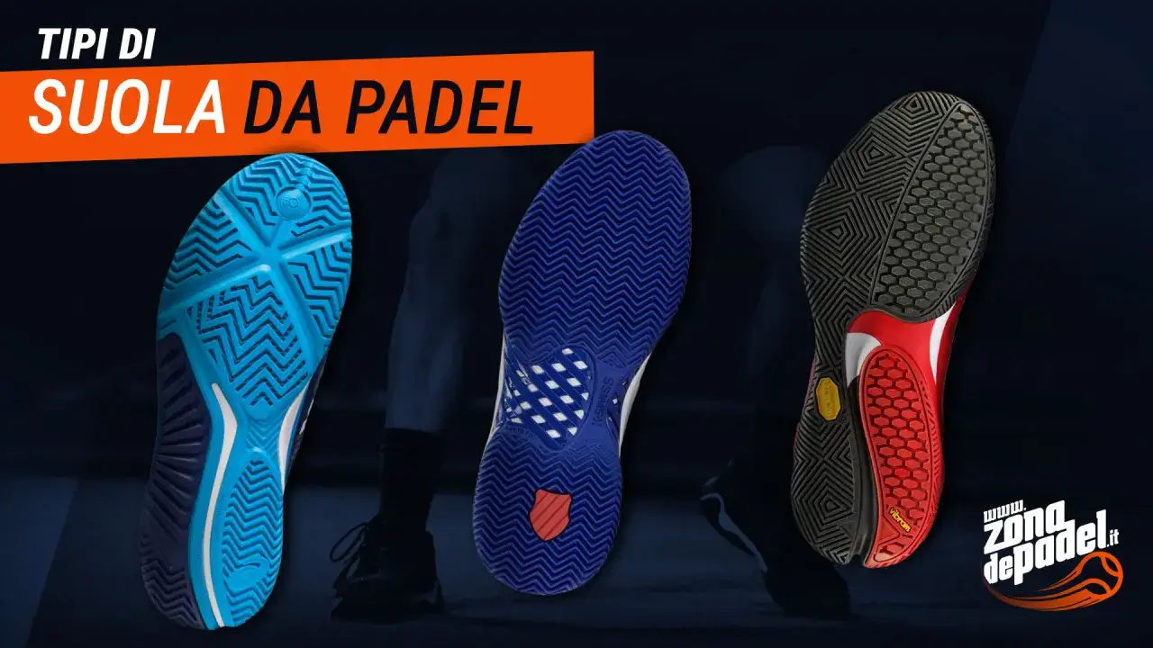 Suole di scarpe da padel e tennis a confronto, evidenziando la differenza nei disegni per grip e stabilità.
