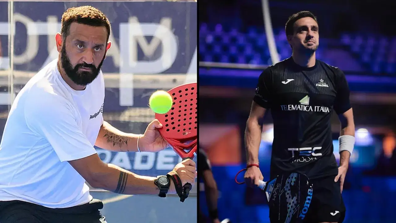 Aris Patiniotis, un giocatore di padel, si prepara a colpire la palla con la sua racchetta rossa.