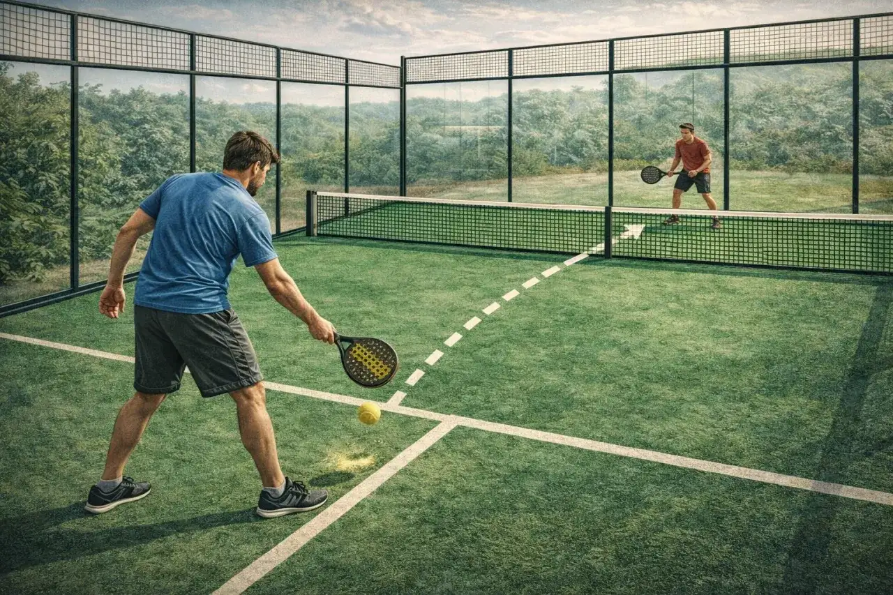 Uomo gioca a padel singolo su campo verde, colpisce la palla con la racchetta.
