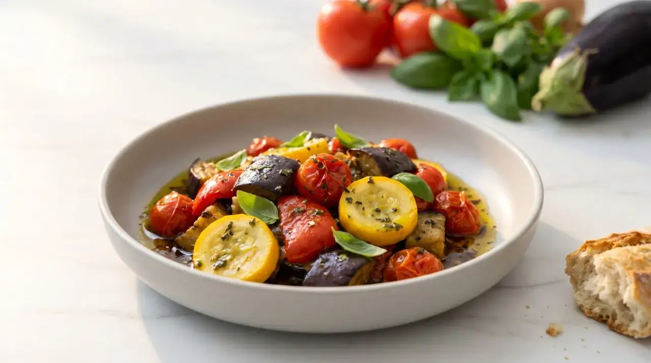 Piatto di ratatouille ricetta con melanzane, zucchine, pomodorini e basilico fresco, condito con olio d'oliva.