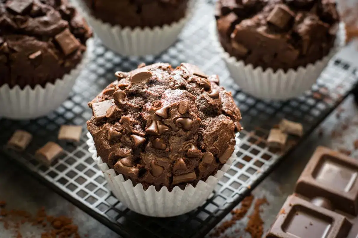 Muffin al cioccolato senza burro, ricchi di gocce e pezzi di cioccolato fondente, su una griglia con cacao sparso e tavolette di cioccolato.