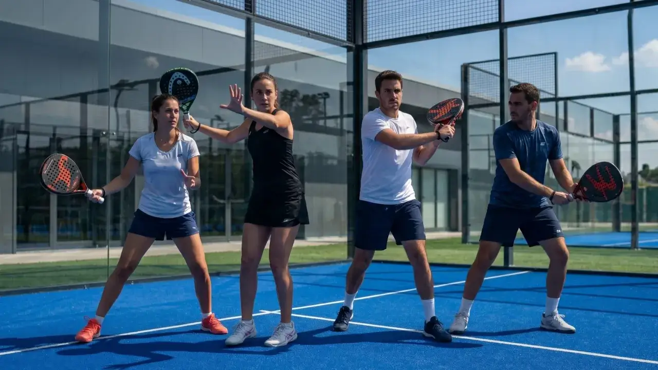 Quattro persone si allenano in un campo da padel. Un corso istruttore padel &egrave; in pieno svolgimento, con i partecipanti che imparano le tecniche.