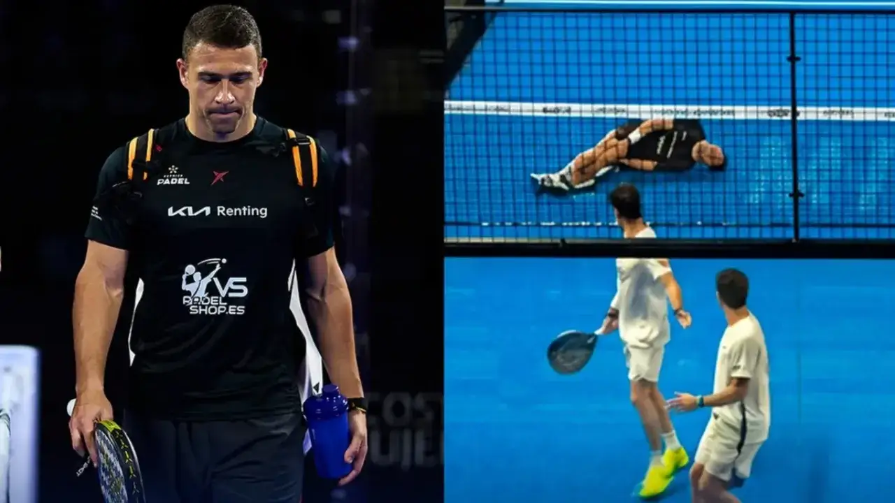 Lucas Campagnolo, giocatore di padel, con sguardo pensieroso, tiene una racchetta e una borraccia. In un'altra immagine, un giocatore a terra e due in azione.